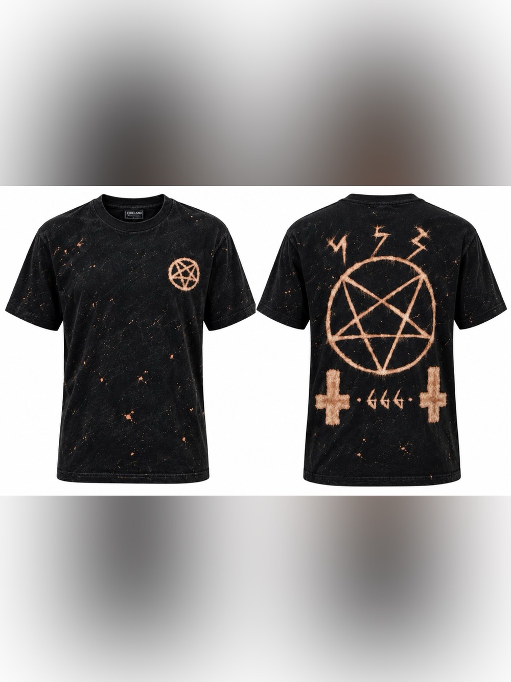 Vintage Bleach Dye Occult Pentagram Graphic Tee Black Goth Punk Metal Rock Unise